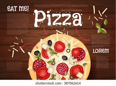 Tasty Pizza on Wood Texture. Fast Food Background. Vector illustration