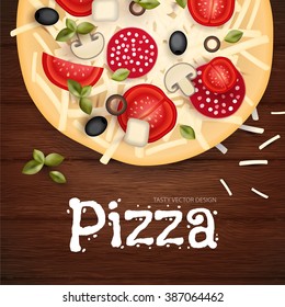 Tasty Pizza on Wood Texture. Fast Food Background. Vector illustration