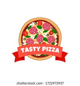 Tasty pizza with ribbon top view isolated on white background. Flat tasty traditional italian fast food concept. Vector illustration for web, advert, menu