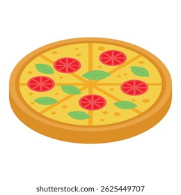 Tasty pizza with salami and basil leaves is lying on white background