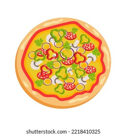 Tasty pizza with salami herbs mushrooms and cheese. Traditional italian fast food. Top view meal. European snack. Isolated on white background.Vector illustration 