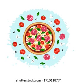 Tasty pizza with sausage, tomato, mushroom, cheese, olive, basil top view with ingredients around on paint splash background. Vector illustration for web, advert, menu, design, app