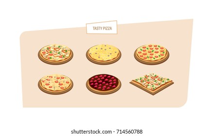 Tasty pizza. Set of different kinds of pizza with different ingredients and sauces, on cutting boards. Vector illustration isolated on white background.