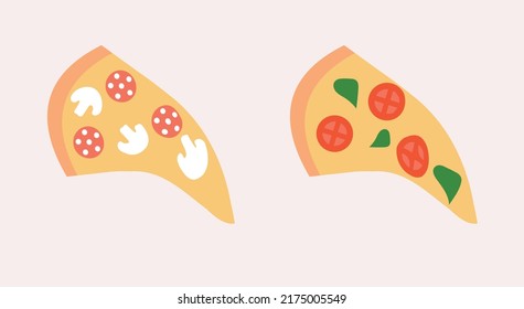 Tasty pizza set isolated. Pizza with mushrooms, tomatoes, sausages. Flat vector illustration. Fast food, junk food, snack, pizza delivery, takeaway, street food, lunch meal, Unhealthy Nutrition 