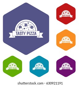 Tasty pizza sign icons set hexagon isolated vector illustration