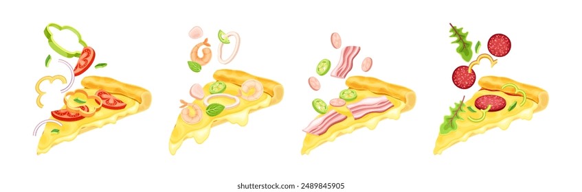 Tasty Pizza Slice Cut Float with Topping Vector Set