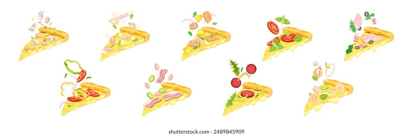 Delicioso Pizza Slice Cut Float con Vector de la parte superior