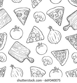 tasty pizza slice with cutting board and vegetables in seamless pattern using hand drawing or sketchy style