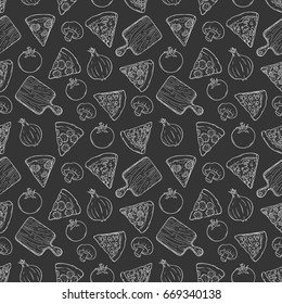 tasty pizza slice with cutting board and vegetables in seamless pattern using hand drawing or sketchy style on black background