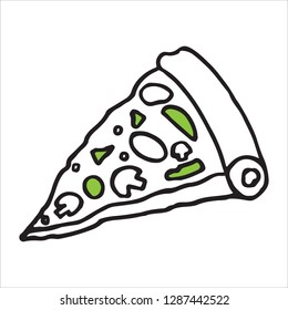 Tasty pizza slice with doodle style on white background