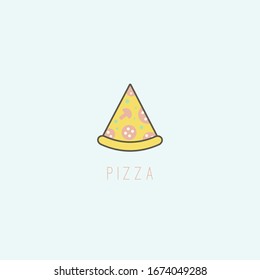 Tasty Pizza slice. Fastfood meal. Junkfood. Minimalistic Icon. Logo template. Colored vector Illustration. Black outline. Cartoon style, simple flat design. Isolated on a blue background