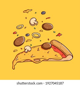 tasty pizza slice with floating topping using colored hand draw style
