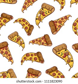 tasty pizza slice in seamless pattern with colored hand drawn style