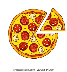Tasty pizza slice separated. Delicious fast food meal. Illustration for cafe menu.