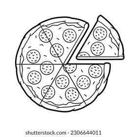 Tasty pizza slice separated. Delicious fast food meal. Illustration for cafe menu.