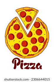 Tasty pizza slice separated. Delicious fast food meal. Illustration for cafe menu.