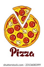 Tasty pizza slice separated. Delicious fast food meal. Illustration for cafe menu.