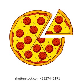 Tasty pizza slice separated. Delicious fast food meal. Illustration for cafe menu.