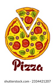 Tasty pizza slice separated. Delicious fast food meal. Illustration for cafe menu.