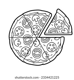 Tasty pizza slice separated. Delicious fast food meal. Illustration for cafe menu.