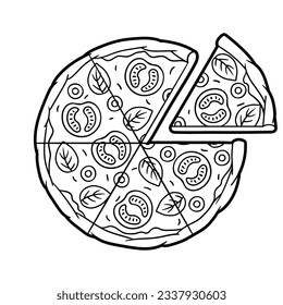 Tasty pizza slice separated. Delicious fast food meal. Illustration for cafe menu.