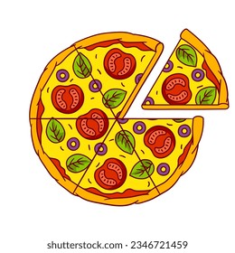 Tasty pizza slice separated. Delicious fast food meal. Illustration for cafe menu.