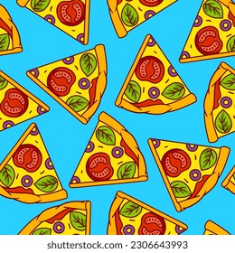 Tasty pizza slices pattern. Delicious fast food meal. Background for cafe menu.