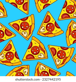 Tasty pizza slices pattern. Delicious fast food meal. Background for cafe menu.