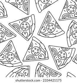 Tasty pizza slices pattern. Delicious fast food meal. Background for cafe menu.