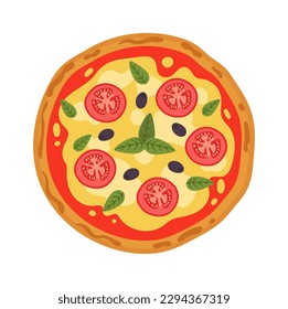 Pizza sabrosa con tomate y albahaca. Ilustración del vector