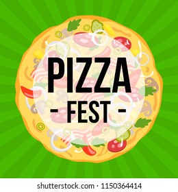 Tasty pizza vector illustration, Italian pizza Festival template for invitation, cafe, bar menu, web, mobile, logo, infographics, postcards, T-shirt, banner, poster, promotion, advertising signboard