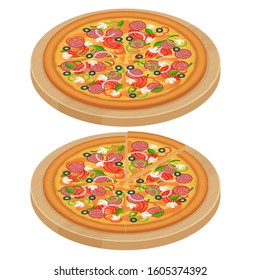 Tasty pizza with vegetables, ham, rucola, and vegetables chicken and olives isolated on white. Delicious pizza served on wooden plate isolated on white.