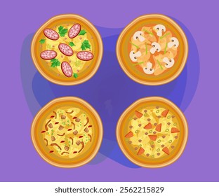 Tasty pizzas with different ingredients vector illustrations set. Top view of pizzas with different toppings, salami, meat, mushrooms on purplebackground. Fast food, diet concept