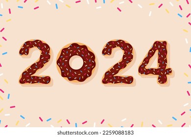 Tasty postcard Happy New Year 2024. Colorful glazed sweet donut. Postcard, banner, poster. Vector illustration of chocolate donut and numbers with sprinkles. EPS 10