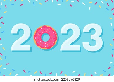 Tasty postcard Happy New Year 2023. Colorful glazed sweet donut. Postcard, banner, poster. Vector illustration of a pink donut with sprinkles and numbers. EPS 10