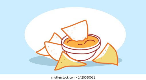 tasty potato corn tortilla chips with sauce in bowl fast food classic american fastfood hand drawn sketch doodle horizontal