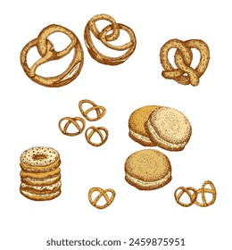 Leckere Brezel, Donut. Brezel Skizze handgezeichnet, Gravur, Tinte Kunst. Deutsch Essen. Design für Cafe Restaurant Menü. Oktoberfest-Poster, Banner-Emblem Aufkleber. Vektorillustration.