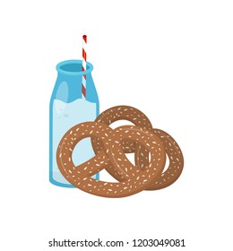 Tasty pretzels and bottle of fresh milk with drinking straw. Christmas food and drink. Flat vector design