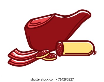 Tasty prosciutto and fat sausage isolated cartoon illustration