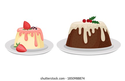 Tasty Pudding Topped with Berry and Creamy Sauce Vector Set