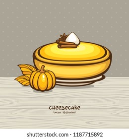 Tasty pumpkin cheesecake vector illustration. Traditional autumn dessert. Sweet cake illustration for decoration bakery, menu and logo.