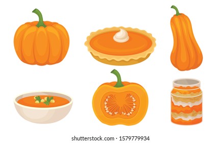 Tasty Pumpkin Dishes Collection, Jam Jar, Pie, Soup, Traditional Thanksgiving Food Vector Illustration