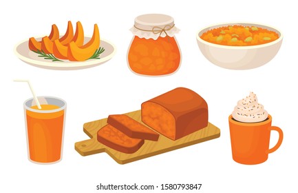 Tasty Pumpkin Dishes Collection, Jam Jar, Fruitcake, Porridge, Spicy Whipped Latte, Traditional Thanksgiving Food Vector Illustration