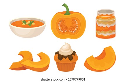 Tasty Pumpkin Dishes Collection, Soup, Jam Jar, Cupcake with Whipped Cream, Traditional Thanksgiving Food Vector Illustration