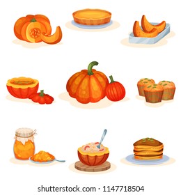 Tasty Pumpkin Dishes Set, Pie, Soup, Jam Jar, Muffin, Porridge, Pancakes Vector Illustrations On A White Background