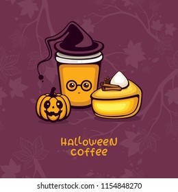 Tasty pumpkin pie and Funny spicy coffee with witch hat. Holiday food vector illustration. Halloween dessert set. Sweet cake and cup of coffee illustration for decoration bakery, menu and logo.