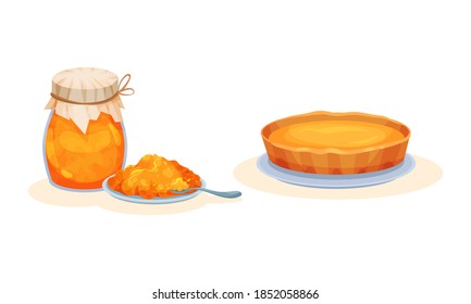 Tasty Pumpkin Pie Rested on Plate and Sweet Jam in Jar Vector Set