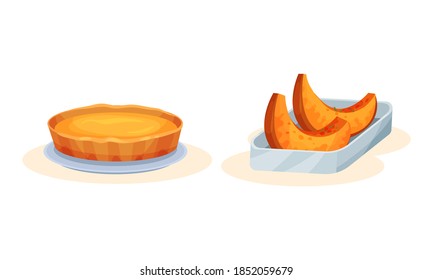 Tasty Pumpkin Pie and Sliced Squash Rested on Plate Vector Set