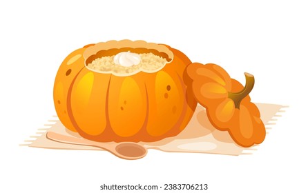 Tasty pumpkin porridge in ripe open pumpkin 