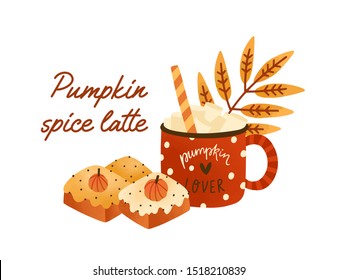 Tasty pumpkin spice latte in cute red cup with sweet biscuits. Coffee with marshmallows and pie slices. Delicious seasonal hot drink isolated on white background. Vector illustration in flat style.